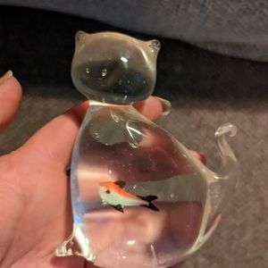 Very Cool Glass Paperweight, Cat with a Fish Inside!
